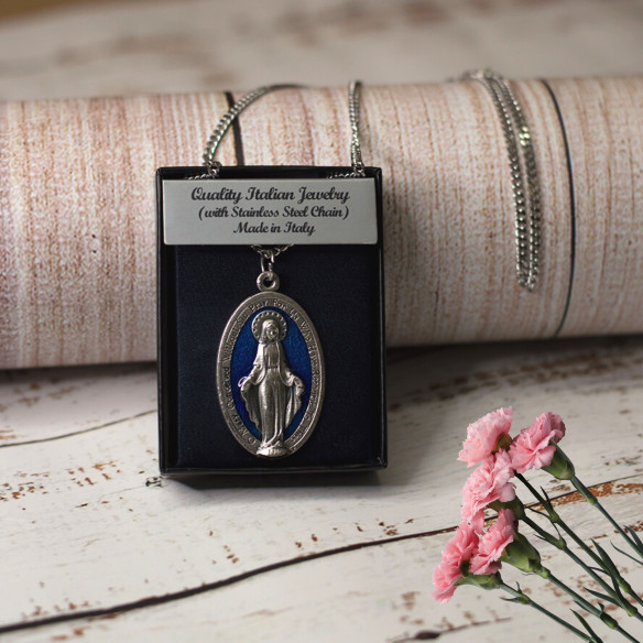 Medalla Esmaltada y cadena Virgen Milagrosa 1.5"