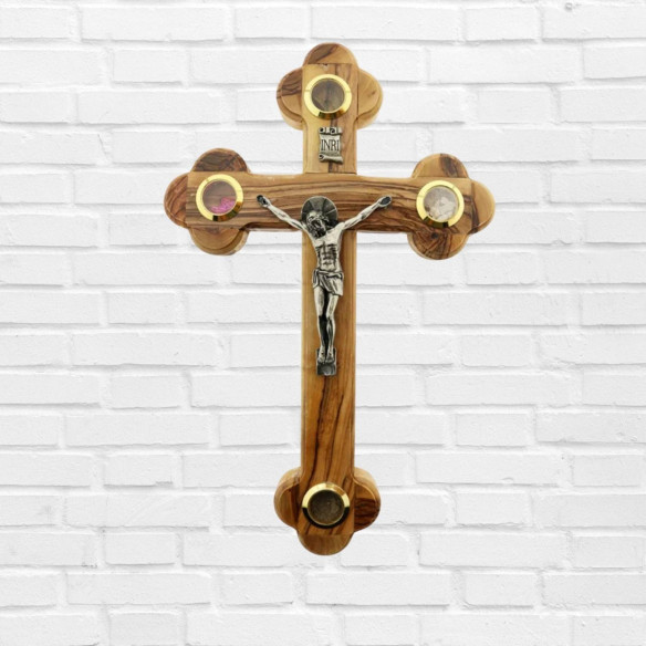 Crucifijo de madera de olivo hecho a mano con reliquias de Belén, Tierra Santa