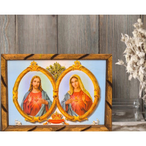 Rustic wooden picture frame - SACRED HEART OF JESUS & MARY