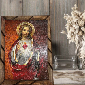 Rustic painting Sacred Heart of Jesus - Red